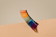 © Juan Moyano/Stocksy - rainbow fake eyelash on a beige background