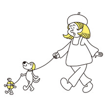 女の子が犬と亀と一緒に散歩をしているイラスト素材