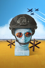 Antique Statue In Helmet Over Blue And Yellow Backgorund