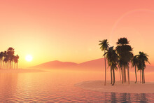3D Tropical Landscape With Palm Trees Against A Sunset Sky