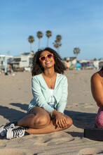 Gen-Z Woman Smile With Sun Glasses At Beach