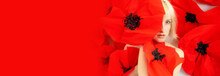 Wide Banner Portrait Of Beautiful Young Sexy Blonde Woman With Fashion Red Paper Poppies, On Red Background