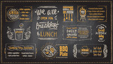 Fototapeta Na ścianę - Barbecue menu chalkboard template, menu board with BBQ symbols and dishes lettering, chalk grill menu