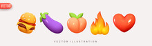 Set Icon Emoji, Food Burger, Lilac Eggplant, Pink Peach, Yellow Fire. Red Heart. Realistic Glossy 3d Emotions. Pack 4. Vector Illustration