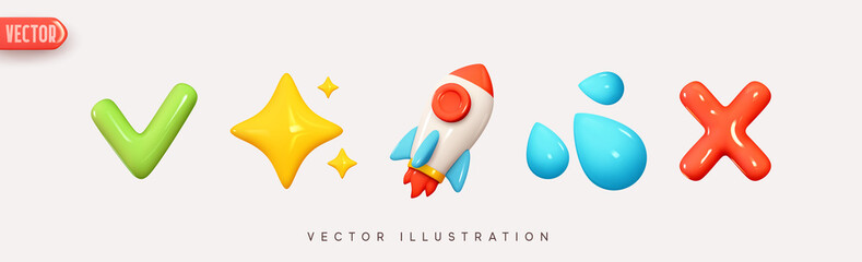 Wall Mural - set icon emoji, green tick, yellow stars, space rocket, blue water drops, red cross and x. realistic
