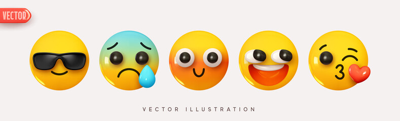 Wall Mural - Set Icon Smile Emoji. Realistic Yellow Glossy 3d Emotions face cool with glasses, embarrassed, in love air kiss heart, crying with a tear. Pack 2. Vector illustration