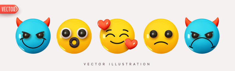 Wall Mural - set icon smile emoji. realistic yellow glossy 3d emotions face happy in love, evil and joyful devil,