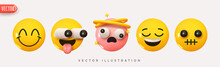 Set Icon Smile Emoji. Realistic Yellow Glossy 3d Emotions Face Happy Smile, Funny, Cute, Satisfied, Surprised, Mouth Shut, Stupid. Pack 25. Vector Illustration