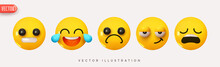 Set Icon Smile Emoji. Realistic Yellow Glossy 3d Emotions Face Neutral Blame, Tears Of Joy, Confused Frown, Smirk, Very Tired. Pack 27. Vector Illustration