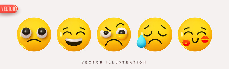 Wall Mural - set icon smile emoji. realistic yellow glossy 3d emotions face happy kiss, sadness, a tear on the ch