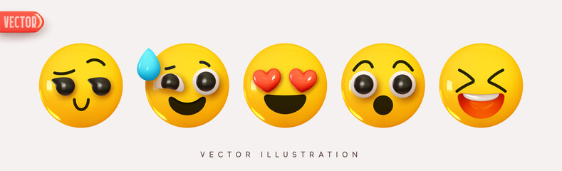 Wall Mural - set icon smile emoji. realistic yellow glossy 3d emotions face surprised, romantic, loud laughter, n
