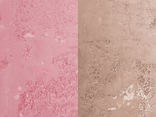 Set of 2 Old Rough Pastel Pink and Light Brown Walls. Demaged Concrete Surface. Close up. Weathered Cement Background. No Text.