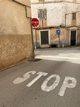 Stop Sign At Road In Majorcan Town