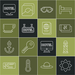 Poster - Set line Sun, Lighthouse, Airline ticket, Ski goggles, Signboard with text Hotel, Coffee cup, Location hotel and Passport icon. Vector