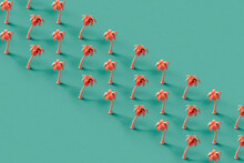 Pink Palm Trees In Rows On A Blue Background. 3d Render