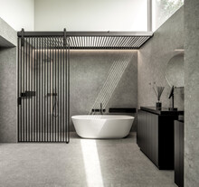 Interior Of Contemporary Bathroom With Tiled Walls