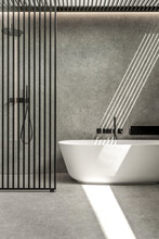 Interior Of Contemporary Bathroom With Tiled Walls