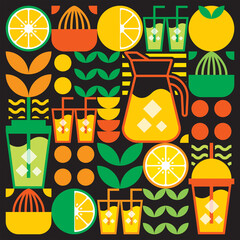 Wall Mural - Simple flat illustration of abstract shapes of citrus fruits, lemons, lemonade, limes, leaves and other geometric symbols. Fresh orange juice ice drink icon with glass, jug, straw and plastic cup.