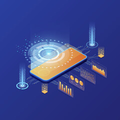 Technology isometric concept, smartphone in isometry. Isometric illustration for web template design.