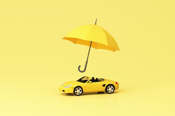 Car (automobile) insurance and collision damage waiver concept surrounding by yellow sport car model and umbrella isolated on yellow pastel background. realistic 3d render