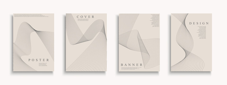 Set of stylish monochrome covers, templates, backgrounds, placards, brochures, banners, flyers, magazines. Striped beige posters, cards etc. Creative minimalistic design - abstract wavy lines
