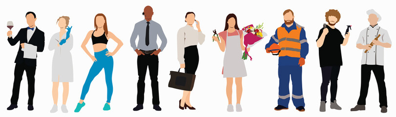 illustration of group of people with different professions on white background, horizontal. modern w