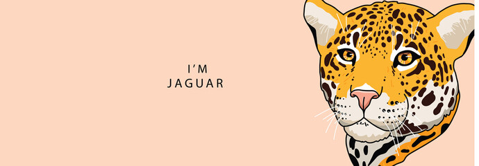 Head of a jaguar looks seriously to the side on a beige background with the text