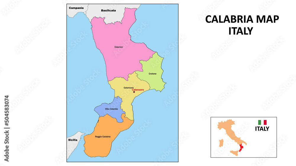 Calabria Map. State and district map of Calabria. Political map of Calabria with neighboring countries and borders.