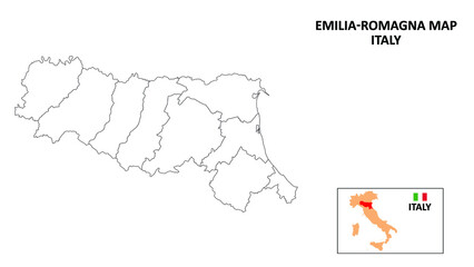  Emilia Romagna Map. State and district map of Emilia Romagna. Political map of Emilia Romagna with outline and black and white design.