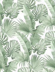 Wall Mural - Seamless pattern with tropical palm leaves. Realistic style. Foliage summer background. Vector illustration.