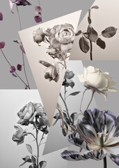 Wall Mural - black and white flowers, abstract collage, roses tulips and foliage on a gray background.