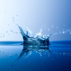 3D Rendering of a Clear Blue Splash Water with Droplets on Gradient Blue Background