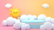 3d rendered cute sun, white clouds, and product display podium.