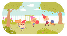 Cute Garden Gnomes On Backyard Lawn, Characters Carry Strawberry, Work With Wheelbarrow