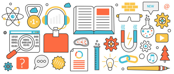 Poster - Science and education, business technology to explore new creative solutions. Abstract digital data research, future vision and career support in infographic concept banner, thin line art design