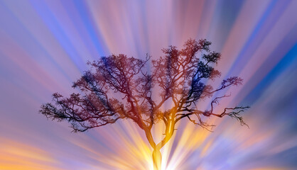 Poster - Silhouette of birds flying over the lone dead tree at amazing sunset, sun rays in the background