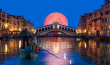 Gondola Near Rialto Bridge With Full Moon Rising - Venice, Italy "Elements Of This Image Furnished By NASA"