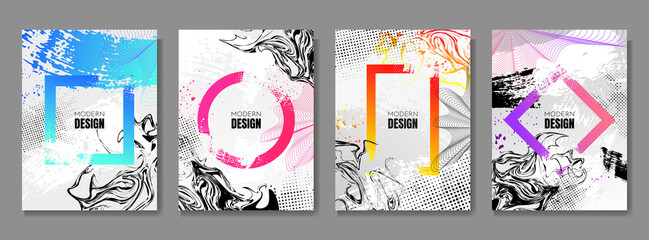 Wall Mural - vector illustration. grunge frame gradient color. halftone dots, grunge ink, marble liquid texture. 