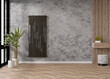 Black, modern heating radiator on grey concrete wall in contemporary room. Central heating system. 3D rendering.