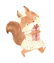 Watercolor Squirrel With Gift Illustration For Kids