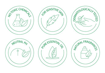 Sticker - no toxic chemicals, for sensitive skin, dermatologically tested, neutral ph, pure essential oil, natural fragrances icon set vector illustration 