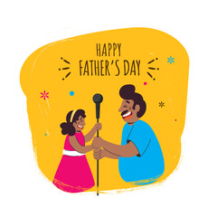 Wall Mural - Happy Father's Day Concept, Cheerful Man With His Daughter Holding Microphone Stick On Orange And White Background.