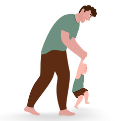 Sticker - Cheerful Father Helping Baby To Walk On White Background.