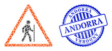 Shards Mosaic Hiking Warning Icon, And Blue Round ANDORRA Grunge Stamp With Tag Inside Round Form. Hiking Warning Mosaic Icon Of Spall Parts Which Have Variable Sizes, And Positions, And Color Tones.