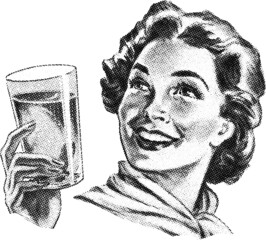 halftone vintage image of a woman drinking from a glass with a transparent background