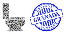 Fraction Mosaic Toilet Seat Icon, And Blue Round GRANADA Grunge Stamp Imitation With Text Inside Circle Shape. Toilet Seat Collage Icon Of Fraction Parts Which Have Variable Sizes, And Positions,