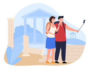 Happy couple with backpack taking selfie travel vacation at antique columns ruin vector flat