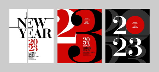 2023 Colorful set of Happy New Year posters. Abstract design with typography style. Vector logo 2023 for celebration and season decoration, backgrounds for branding, banner, cover, poster and more.