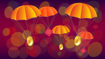 Wall Mural - Parachutes with NFT non fungible token gold coins and unique tokens on colorful red background. Free distribution of collectible NFT.