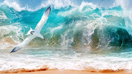Wall Mural - Storm on the ocean and a sea gull against the background of turquoise waves. Mexico. Baja California sur.